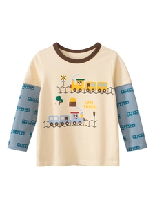 Kids long sleeve patchwork T-shirt with blue train prints and cartoon station graphics