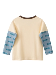 Kids long sleeve raglan T-shirt featuring cartoon train print and contrast blue sleeves
