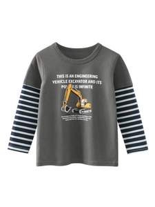 Jungen Mode Baumwolle Langarmshirt Bagger-Print Lagen-Look Top Gestreifte Ärmel Casual Kinder Frühling Herbst Kleidung