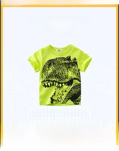 Detail of neon green cotton T-shirt featuring a bold black dinosaur graphic for boys