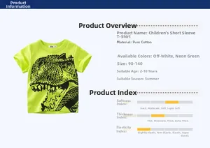 Detail chart of fluorescent green kids cotton t-shirt with realistic dinosaur print