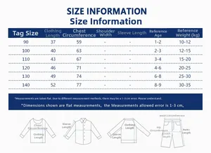 Detailed size chart for kids short sleeve t-shirts with measurements for ages 1 to 9 years