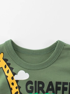 Green kids cotton short sleeve t-shirt with a cartoon giraffe print and round neck design