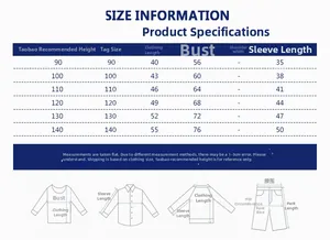 Detailed size chart for children long sleeve t-shirt including length and chest measurements