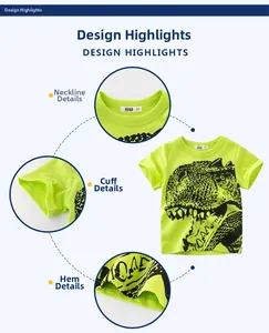 Detail view of boys neon green dinosaur T-shirt neckline, cuffs and soft hem texture