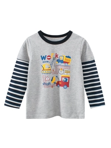Toddler Boys Long Sleeve T-Shirt 100% Cotton Layered Style Striped Sleeves Cartoon Construction Vehicle Top Casual