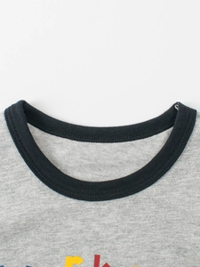 Boys' heather grey long-sleeve T-shirt with black crew neck and colorful print