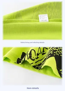 Detail of neon green cotton fabric interior stitching and graphic hem on kids t-shirt