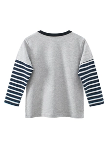 Kids long sleeve t-shirt with grey body and navy striped sleeves in soft cotton knit