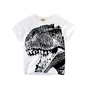 White cotton t-shirt for kids featuring a realistic black and white dinosaur print