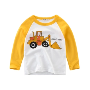 T-shirt raglan a maniche lunghe per bambini con stampa bulldozer giallo su cotone bianco