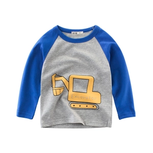 Maglietta bimbo maniche lunghe con stampa escavatore giallo e maniche raglan blu grigio