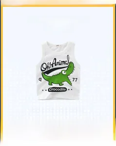 Close-up of white cotton tank top featuring a cute green crocodile and letter prints