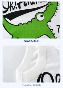 Close-up of cute green crocodile print and neat shoulder stitching on a white cotton tank top