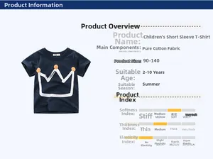 Detailed size chart for kids navy cotton t-shirt with crown print for ages 2-10