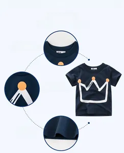 Detailed views of navy cotton boys' T-shirt with white crown print and quality stitching