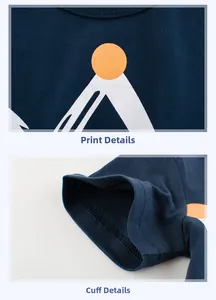 Detail view of printed pattern and double-needle stitching on navy blue boy's cotton t-shirt
