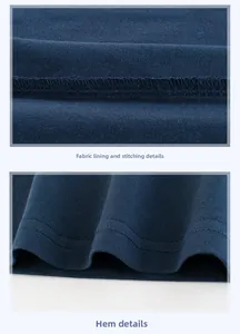 Detail of inner seam stitching and double-needle hem on blue cotton t-shirt