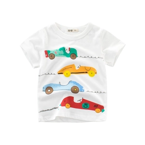 T-Shirt Enfant Manches Courtes Col Rond Pur Coton Imprimé Voiture De Course Dessin Animé Garçons Filles Été Hauts Respirants