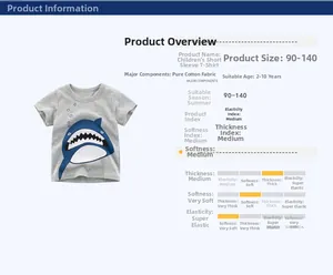 Detail view of cotton kids t-shirt with blue shark print and sizing chart in gray
