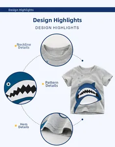 Detail of gray kids T-shirt with cartoon shark print and reinforced neckline stitching