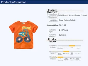 Details des orangefarbenen Kinder-T-Shirts aus Baumwolle mit blauem Traktor-Druck