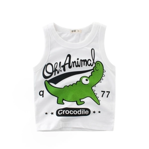 White cotton kids tank top with green cartoon crocodile print for summer daily wear