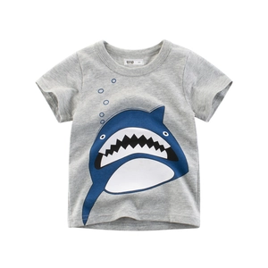 Kids Boys Short Sleeve T-Shirt 100% Cotton Blue Cartoon Shark Print Round Neck Casual Summer Grey Top