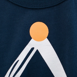 Boys short sleeve navy knit T-shirt with minimalist geometric orange and white print