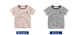 Detail view of cotton striped T-shirts featuring sailboat embroidery and contrast necklines