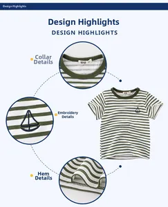 Detail of nautical sailboat embroidery on green and white striped cotton kids' T-shirt