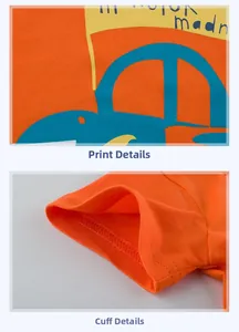 Detailansicht eines orangefarbenen T-Shirts mit Comic-Print und Doppelnaht an Ärmeln