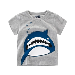 Kids grey short sleeve cotton T-shirt featuring a large blue cartoon shark print