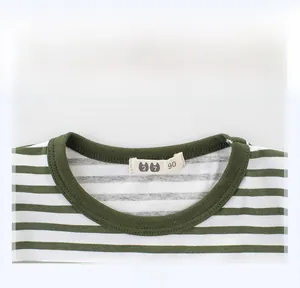 Close-up of green and white striped cotton T-shirt neckline with ribbed stitching and size tag