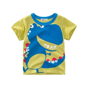 T-shirt per bambini verde frutta con stampa dinosauro cartone animato e girocollo blu