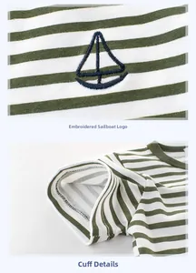 Detail of sailboat embroidery and stitching on a green striped cotton kids t-shirt