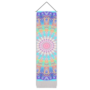 Vertical view of colorful mandala tapestry with vibrant floral patterns and hanging cord