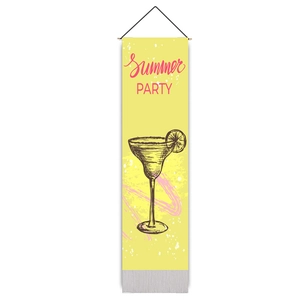 Close-up of yellow Summer Party fabric wall banner with wooden rod and cocktails