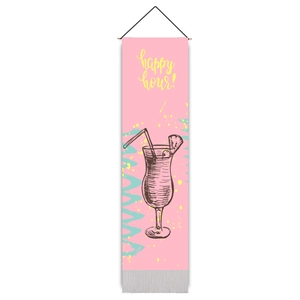 Vertical wall banner with 'Happy Hour' cocktail print and pink tie-dye splash art detail