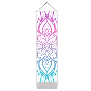 Close-up of bohemian mandala hanging tapestry with purple gradient and wooden pole