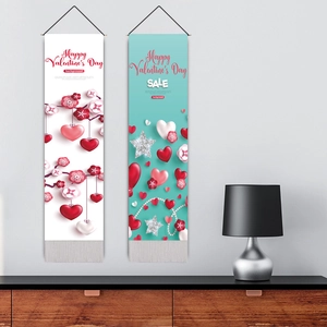 Happy Valentine's Day wall scroll with pink hearts and tassels for home decor