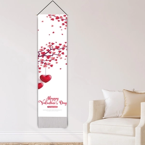 Vertical Valentine's Day wall scroll with red heart tree on white background in home setting