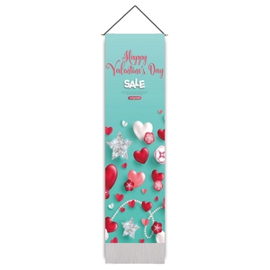 Vertical Valentine's Day sale banner featuring red hearts and pearls on light blue fabric