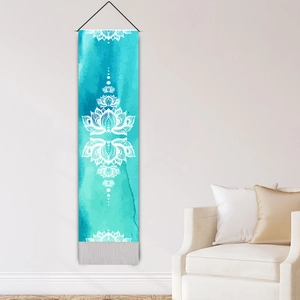 Vertical bohemian mandala tapestry with teal watercolor lotus design and grey tassels