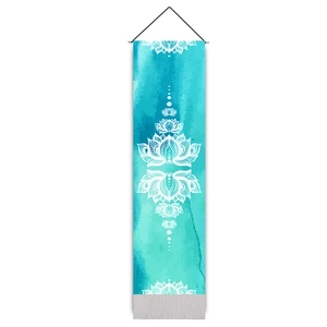 Vertical mandala wall tapestry with turquoise watercolor style and wooden hanging pole