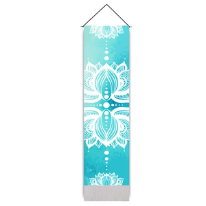 Vertical Bohemian Mandala tapestry with turquoise watercolor background and wooden hanger