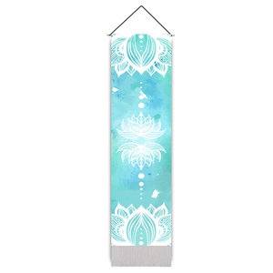 Bohemian mandala flower wall hanging tapestry with wooden rod and cyan watercolor design