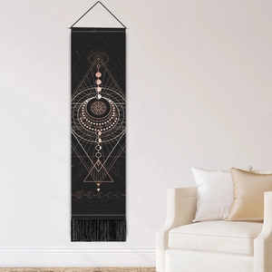 Minimalist astrology wall tapestry with rose gold geometric patterns and black tassels