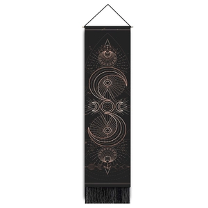 Vertical black tarot tapestry with rose gold moon and star geometric design and tassels