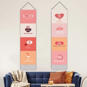 Valentine's Day Wall Hanging Tapestry Cotton Linen Long Banner Wood Rod Tassel Romantic Love Heart Pattern Home Decor